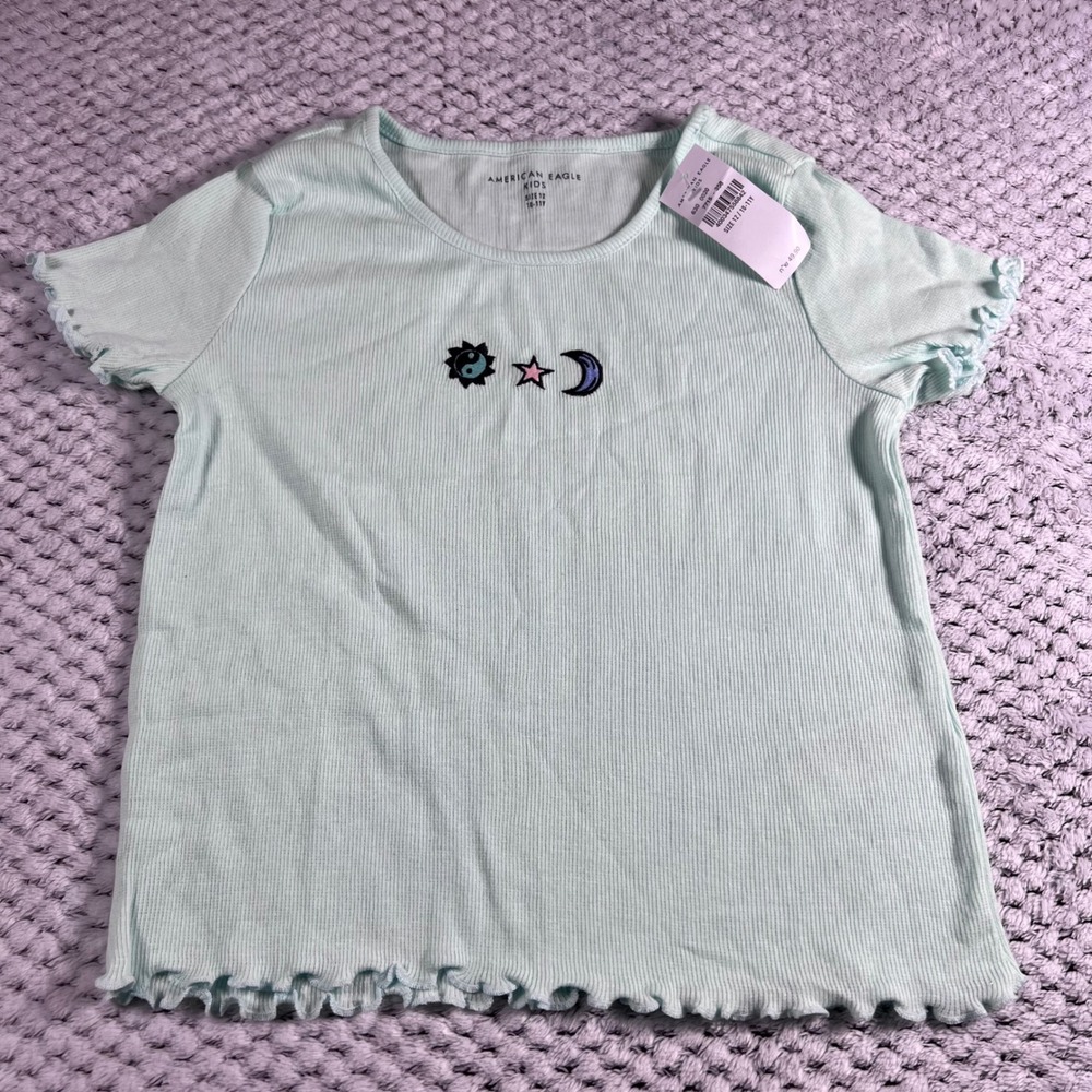 American Eagle Kids Light Green Ribbed Graphic Tee Moon Star Sun Shirt Size 12